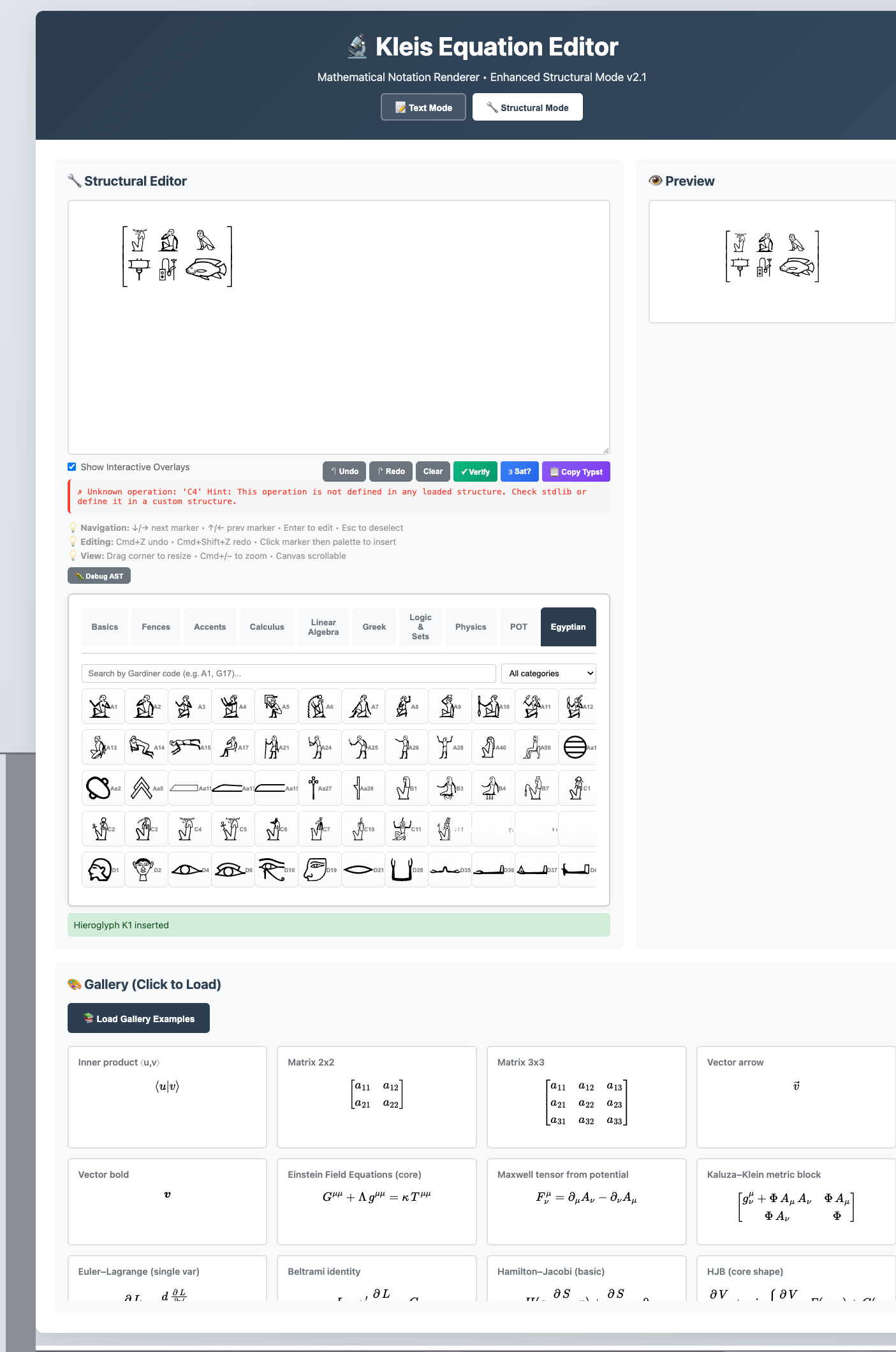 Equation Editor showing Egyptian hieroglyphs in a matrix arrangement