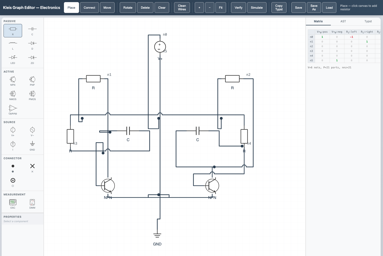 Graph Editor overview showing the electronics domain with palette, canvas, and output panel