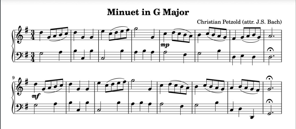 Minuet in G Major — two-staff piano score generated by Kleis + LilyPond