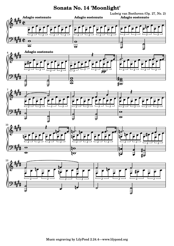 Moonlight Sonata — multi-voice piano score generated by Kleis + LilyPond